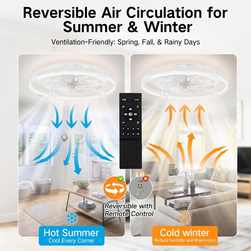 Ventilateur de plafond avec lumière pour chambre à coucher, Non, 24 po de largeur, Clear Blade/White Body