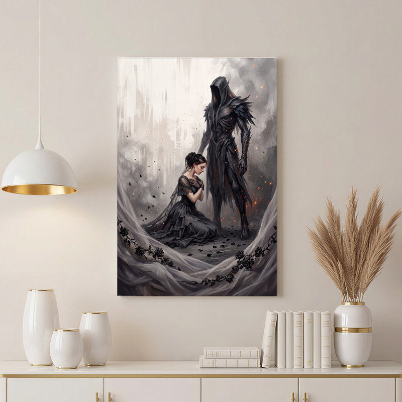 Art mural sur toile, "Femme à genoux en robe noire", 18"H x 12"W