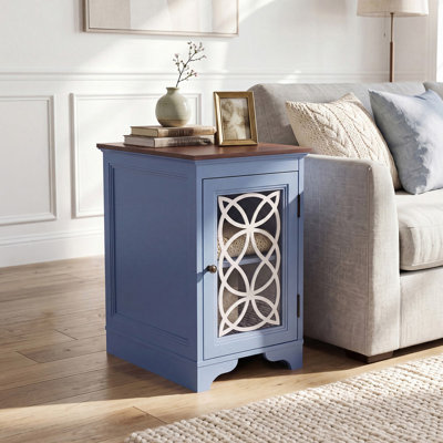 Narrow End Table with Charging Station Set of 2,Farmhouse Night Stand with Printed Glass Door & Adjustable Shelf,Wooden Nightstand for Small Spaces for Living Room Bedroom,Blue