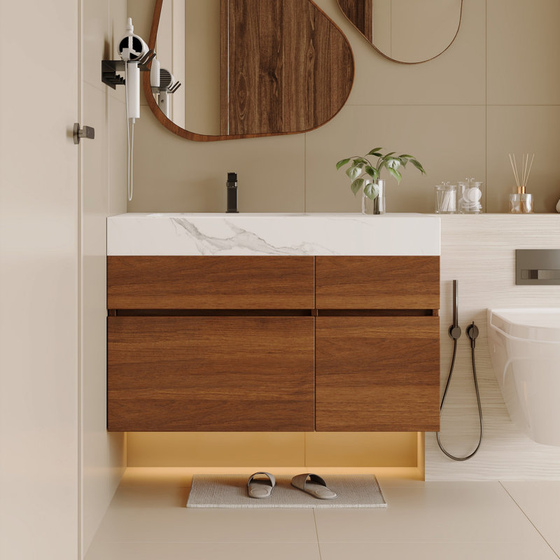 Modern Floating Bathroom Vanity with Seamless Sintered Stone Top, Ceramic Sink