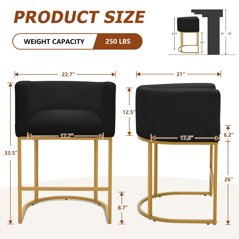 Upholstered Barrel Counter Stool, Camel, Black
