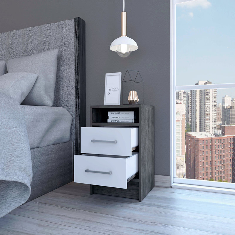 Table de chevet (table de chevet), table de bout, plateau de table d'appoint, deux tiroirs, Gris / Blanc