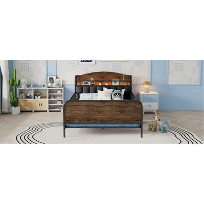 Base de lit plateforme double en métal avec lumière, lit double en métal pour enfants avec tête de lit tapissier et rangement, noir