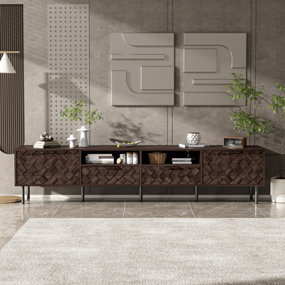 78.7 - Inch Tv Stand For 65, 75, 85 Screens, Console With Open Shelves, Hidden Compartments, 3D Geometric Interwoven Pattern, Smooth Soft Closing Function, Dark Brown Color, Home Living Area Large