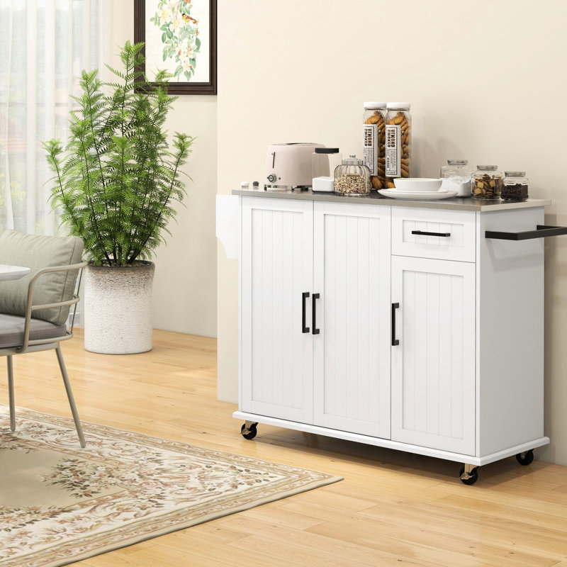 Îlot de cuisine roulant avec 3 armoires, comptoir en acier inoxydable, tiroir, support à épices et porte-serviettes, blanc pour tiroir à configuration dynamique - blanc, comptoir, compact