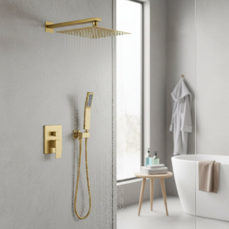 Système de douche à pluie mural moderne carré en or brossé 10 po avec soupape en laiton et à main, Or brossé