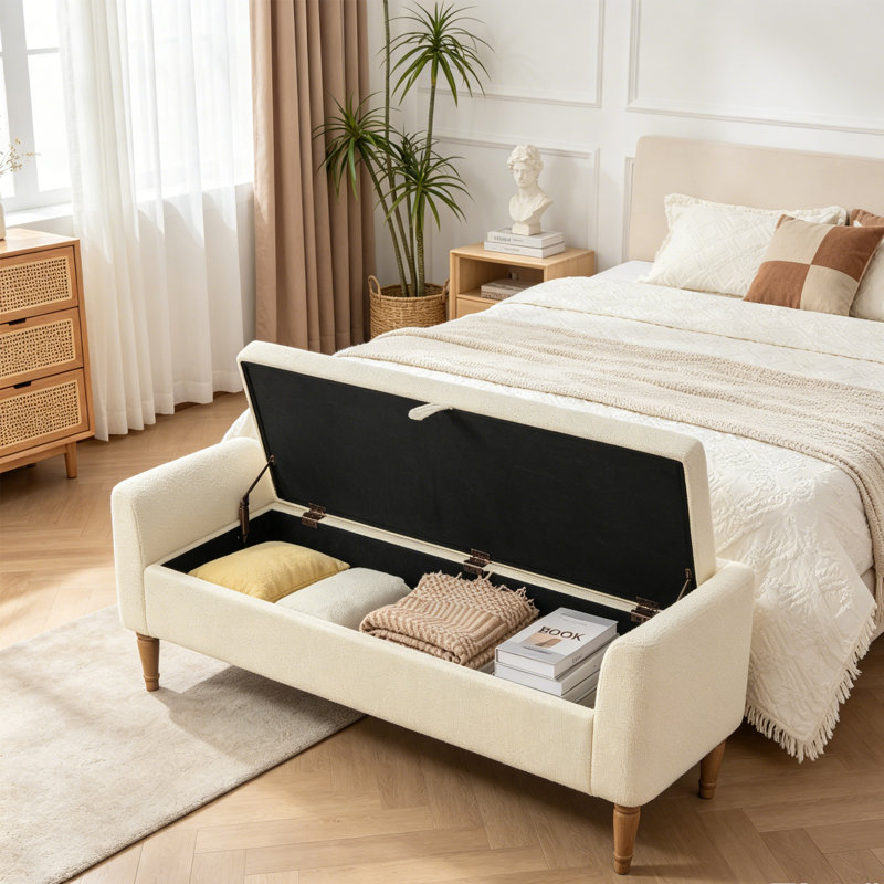 Banc de rangement rembourré de 65,94 po avec deux coussins et accoudoirs, banc de bout de lit avec pieds en bois massif pour le salon, la chambre à coucher et le vestibule