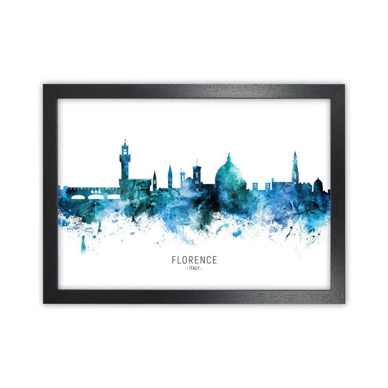 Florence Italy Skyline Blue City Name by Michael Tompsett - Print, 34cm H x 46cm W x 3cm D, Black Framed