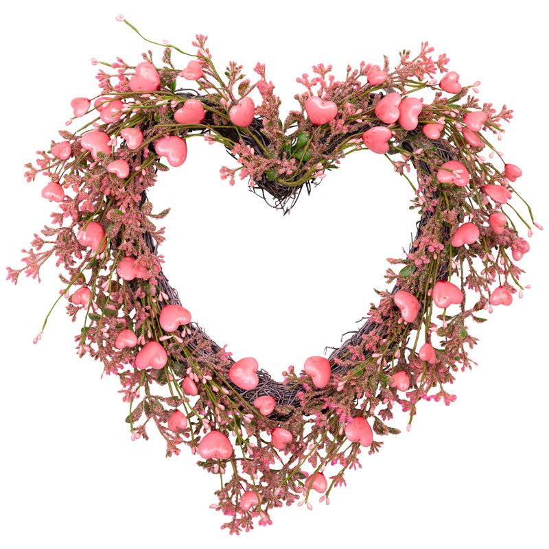 Hearts And Rosebuds Artificial Heart Shaped Valentine's Day Wreath - 18" - Pink