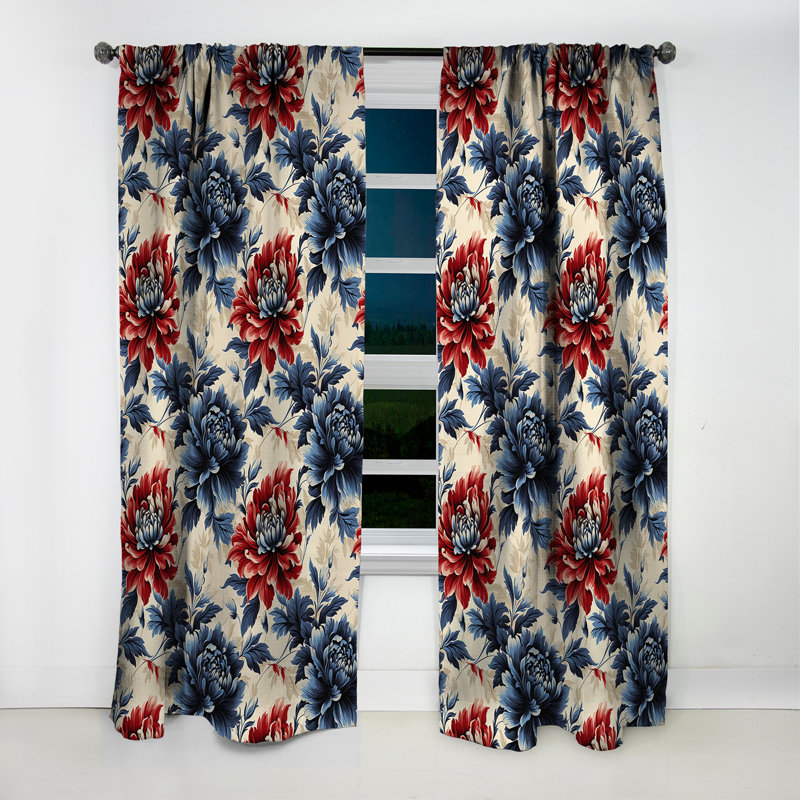 Red And Blue Damask Flower Nostalgia - Damask Curtain - Blackout Damask Curtain - 1 Panels, 52" W x 95" L
