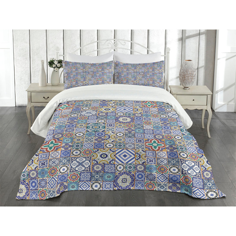 Ambensonne Moroccan Bedspread Grid Multicolor Multicolor, King Coverlet/Bedspread + 2 Pillow Shams