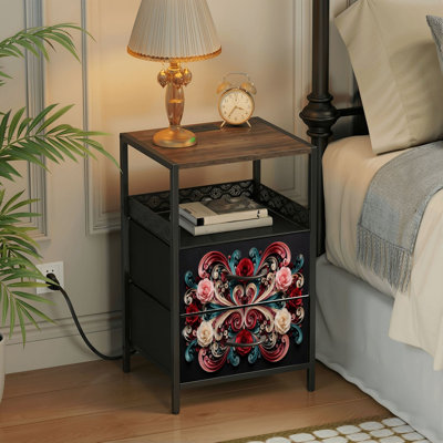Table de chevet 2 tiroirs avec station de charge, table de chevet de chambre à coucher avec ports USB, tablette ouverte noire, table de chevet avec motif floral Quilling