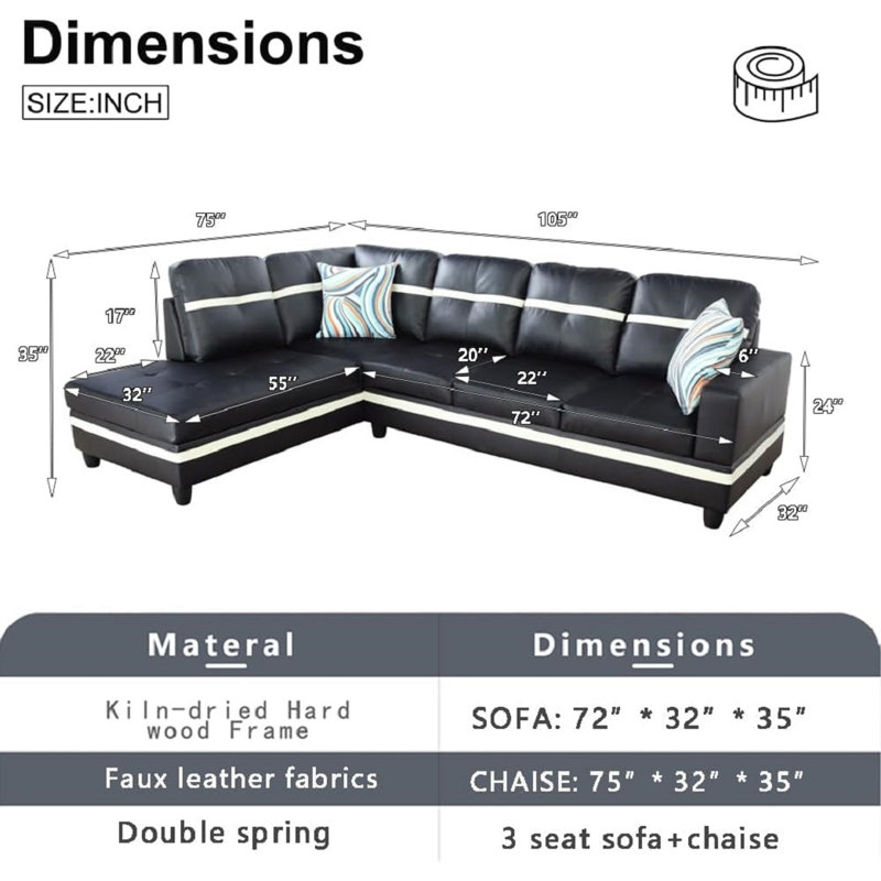 Bawan Faux Leather L-Shaped Sectional, Left Hand Facing, Black/White Faux Leather