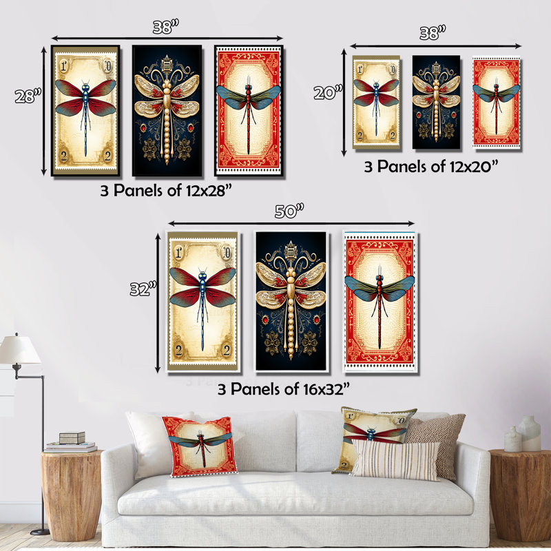 «Retro Stamp Illustration Of Red Dragonfly», 3 pièces sur toile, Encadrement doré, H 32 po x l 48 po