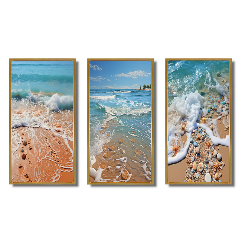 «Turquoise Beach Seashell», 3 pièces sur toile, Encadrement doré, H 40 po x l 60 po