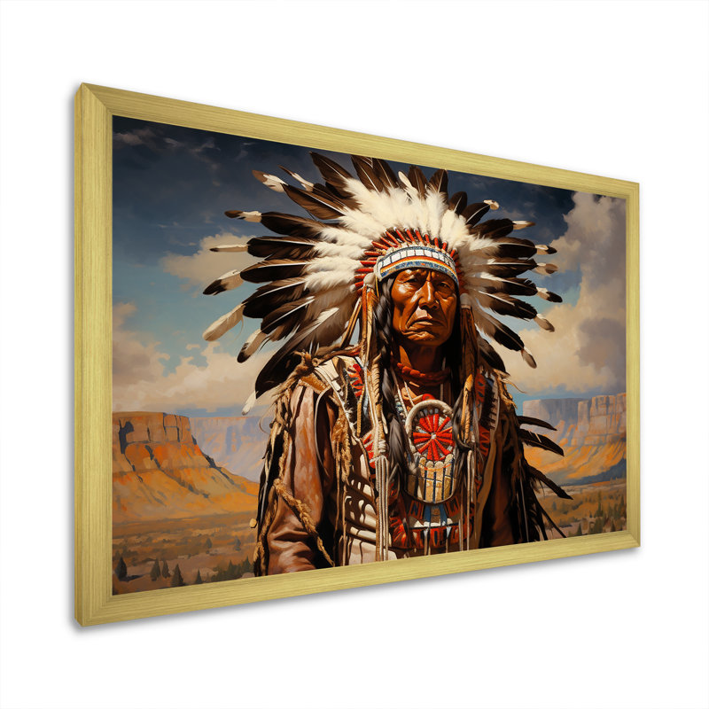 Décoration murale Native Honor Traditional Warrior III - Native American Art, Cadre doré simple, H 16 po x l 32 po x P 1 po
