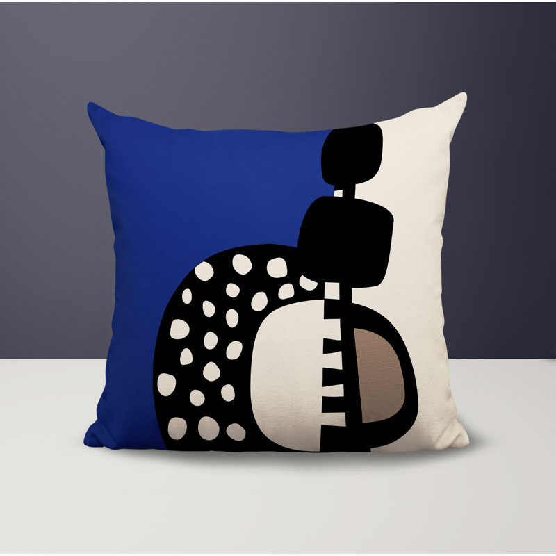 Oreiller carré réversible intérieur / extérieur Khari, H 19 po x l 19 po, Bleu marine / noir / blanc cassé abstrait