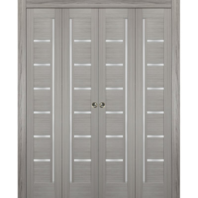 Sliding Closet Double Bi-fold Doors 96" x 80" (4* 24x80) Quadro 4088 Ginger Ash with Frosted Glass Sturdy Tracks Moldings Trims Hardware Set Wood Solid Bedroom Wardrobe Doors