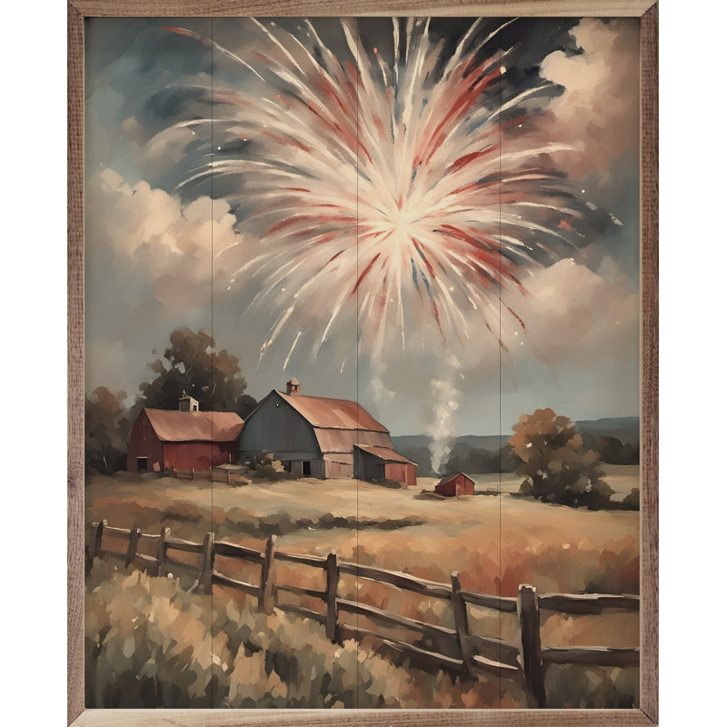Feux d'artifice au sud sur des granges encadrées sur bois, H 10 po x l 8 po