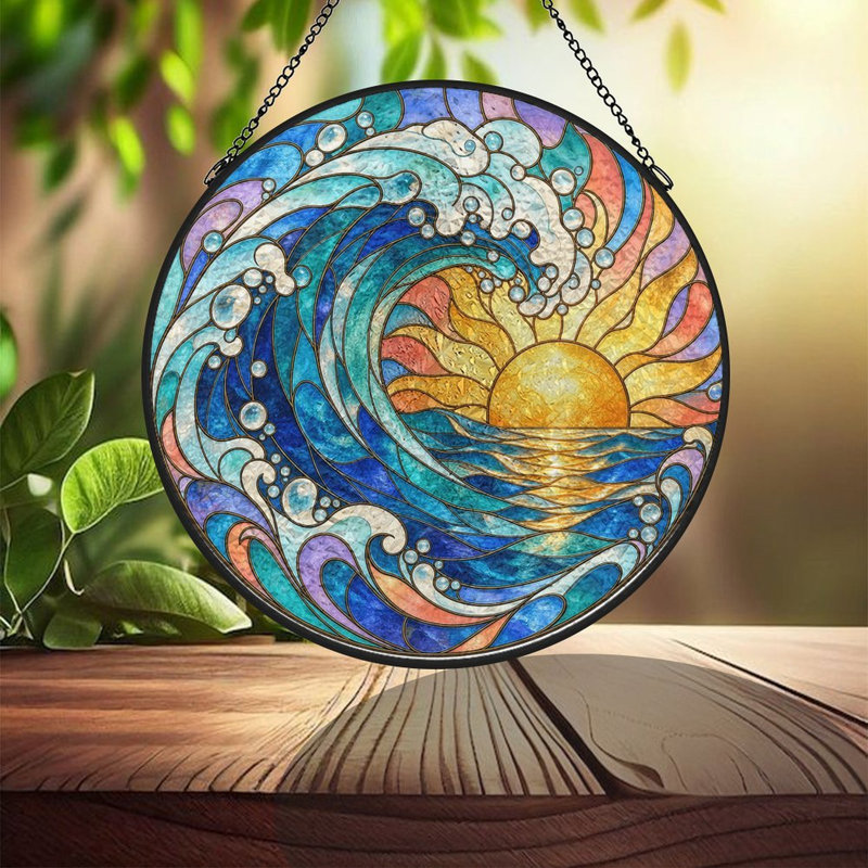 Vitrail à motif de vagues océaniques et soleil, panneaux de vitrail attrape-soleil pour la décoration de fenêtre