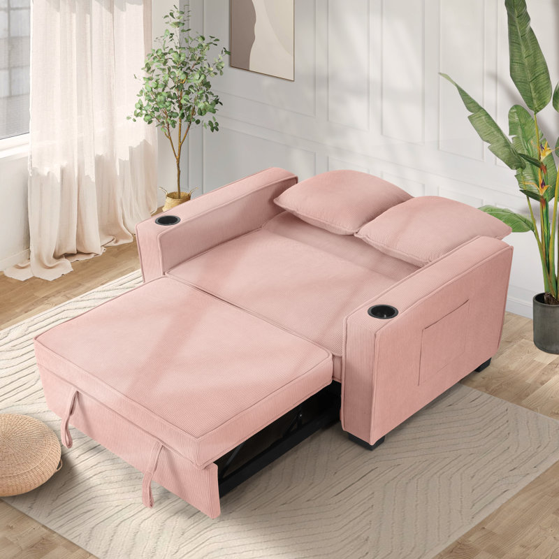 Meit Upholstered Convertible Sleeper Sofa with USB Ports , Pink Linen