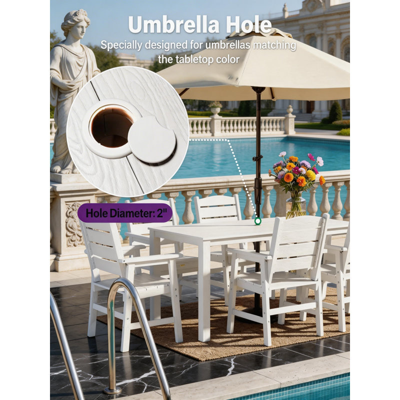All Weather Outdoor Table and Chairs 7 Pieces Patio Dining Sets Outside Furniture With Umbrella Hole& Aluminum Frame HIPS Modern Patio Dining Set for 6 Person for Outside Backyard/Porch/Deck, 1-Table 6-Chairs, White