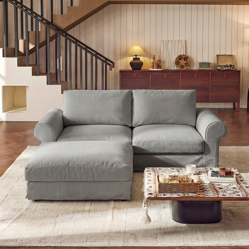 Canapé capitonné 2 places avec pouf, accoudoirs arrondis et base à jupe, gris, Gris