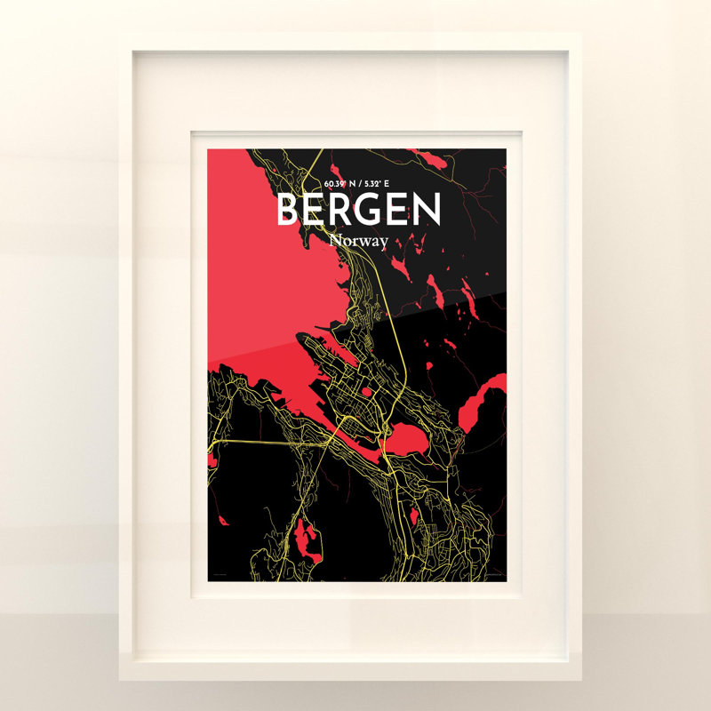 Bergen City Map, impression, Noir / rouge / jaune, H 24 po x l 18 po