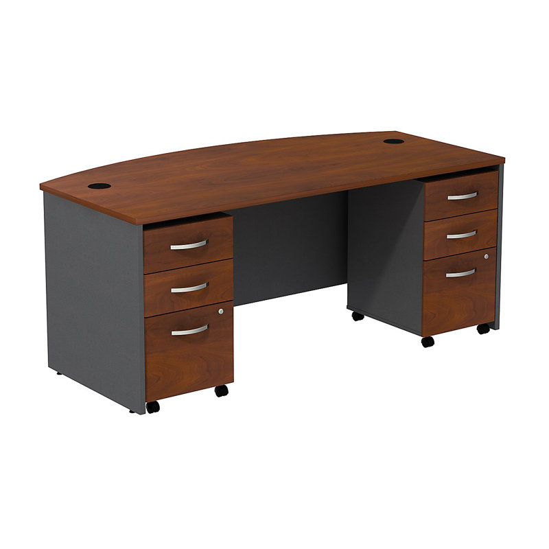 Series C Bow Front Desk with (2) 3 Drawer Mobile Pedestals - Reversible, Hansen Cherry