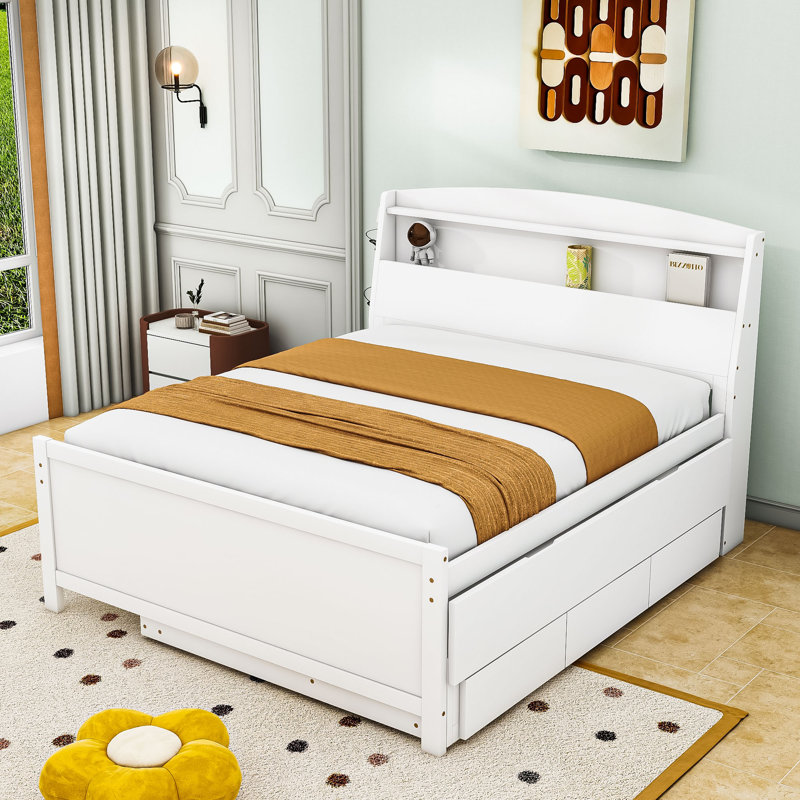 Lit plateforme multifonctionnel avec tête de lit à DEL et lit gigogne simple avec rangement, Double