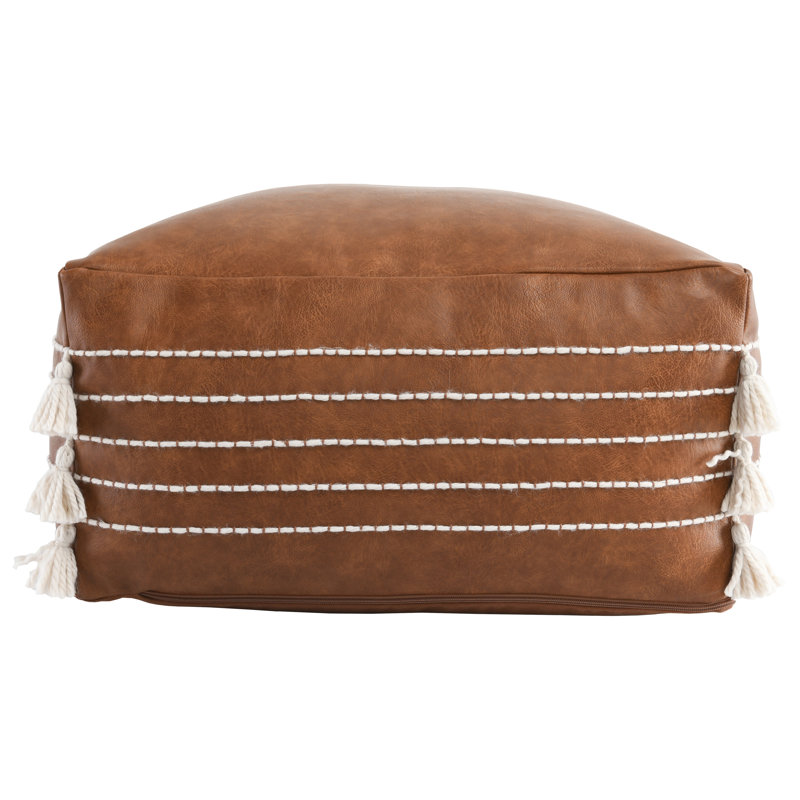 Brown Vegan Leather Pouf with Tassels