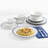 Tabletops Gallery Vintage 12 Piece Embossed Porcelain Dinnerware Set in White with Blue Stripes