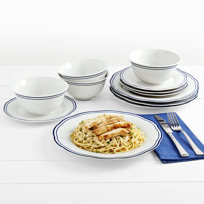 12 Piece White Porcelain Dinnerware Set with Blue Stripes