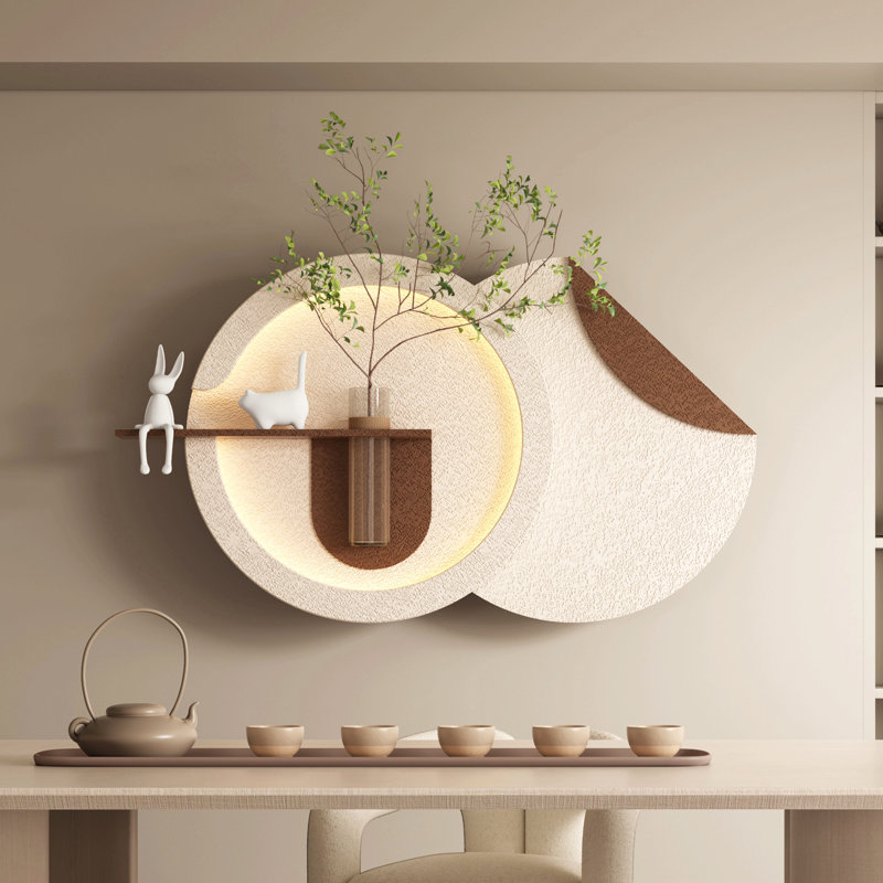 Art mural en grès à 3 disques à DEL réglable avec verdure simulée, sculpture 3D avec vase en verre et statue de lapin, bandes lumineuses télécommandées pour le salon, la chambre à coucher et le couloir