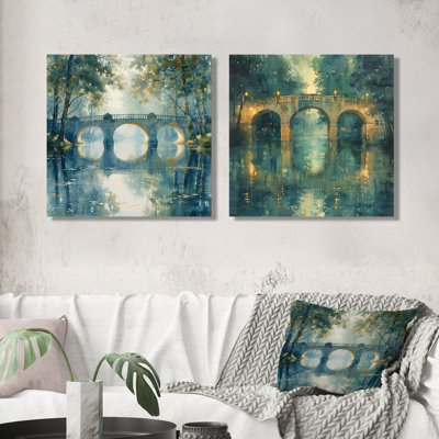 «Beige Green River Reflections Park Bridge I», art mural - art mural traditionnel, 2 pièces