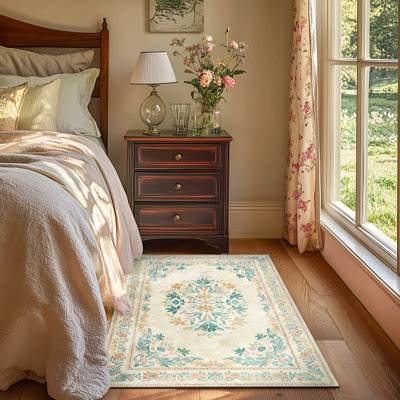 Vintage Floral Distressed Design Non-Slip Low-Pile Soft Thin Faux Wool Area Rug