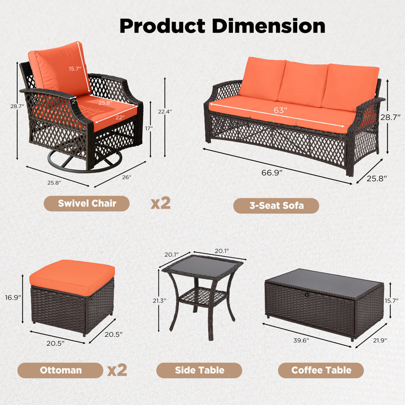 7 Piece Patio Furniture Set, Wicker Outdoor Conversation Sofa Set With Swivel Chairs, 2 Ottomans, Storage Coffee Table