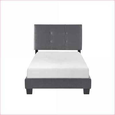 Structure de lit simple en bois massif avec revêtement en velours gris foncé et tête de lit capitonnée à hauteur réglable, aucun sommier nécessaire pour la chambre à coucher