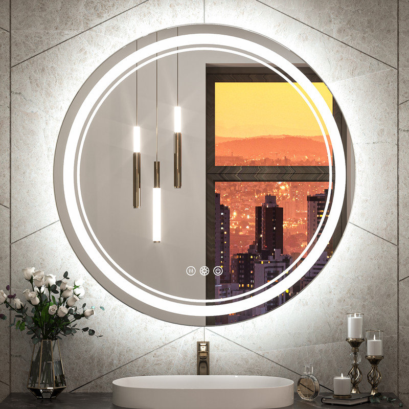 Elayshia Lighted Dimmable LED Frontlit&Backlit Frameless Anti-Fog Makeup Bathroom Round Vanity Mirror, 24" x 24" 
