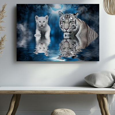 Canvas In A Mesmerizing Scene A White Tiger Cub With Vibrant Wall Art Emerald Green Eyes Emerges From A Shimmering Reflective Surface Canvas Wall Art