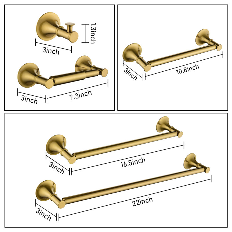 6 - Piece Bathroom Hardware Set, Brushed Gold, 3" H x 22" W x 3" D
