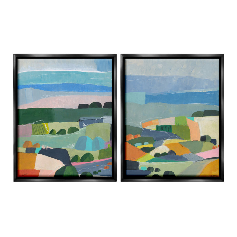 "Modern Farmland And River" par Jan Weiss, 2 pièces sur toile, Cadre flottant noir de jais, H 21 po x l 17 po