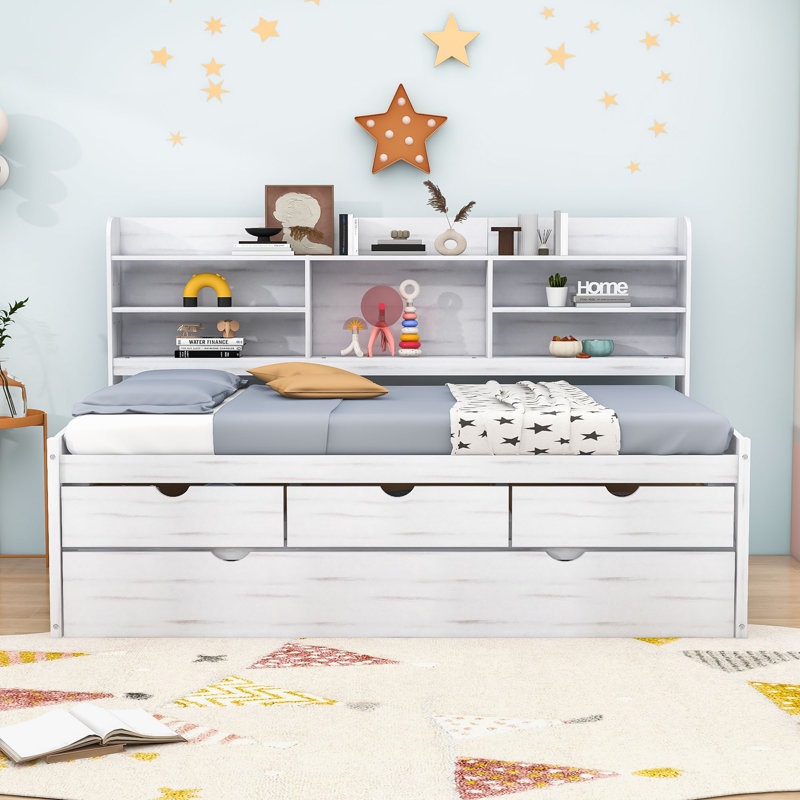 Lit plateforme en bois avec 3 tiroirs Ephinne, Simple, Blanc