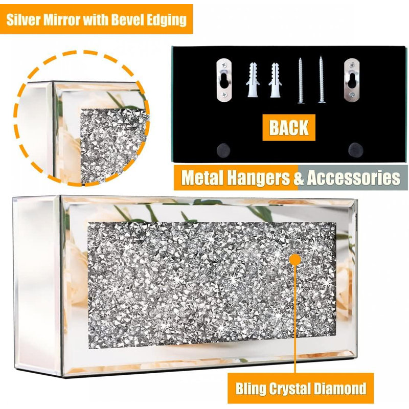 Porte-télécommandes miroir, boîte de rangement murale décorative effet diamant pour télécommandes, téléphones, tablettes, portefeuilles et ordinateurs portables (8,3" × 2,5" × 4" pour 3 ou 4 télécommandes)