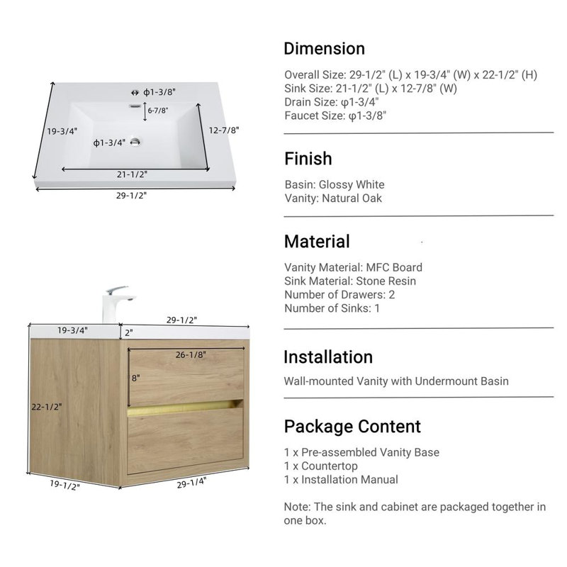 30" Wall-Mounted Bathroom Vanity, Oak Natural Wood