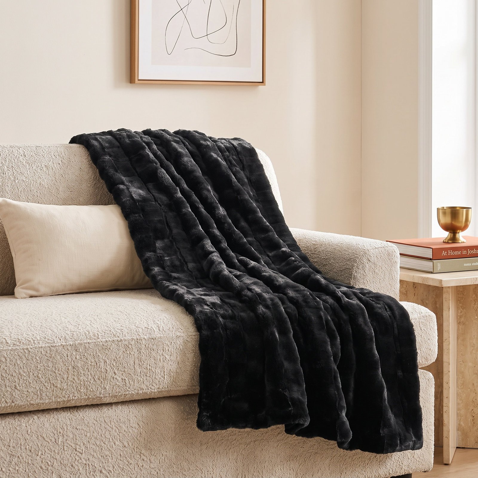 Biscoe Faux Fur Knitted Throw Blanket, Taupe, 50"W x 70"L