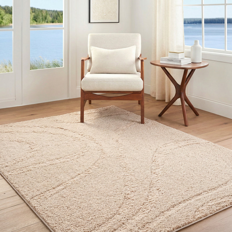 Rodos-Modern Soft Plush Pile Living Bedroom Rug, Ivory/Beige, Rectangle 160 x 213cm