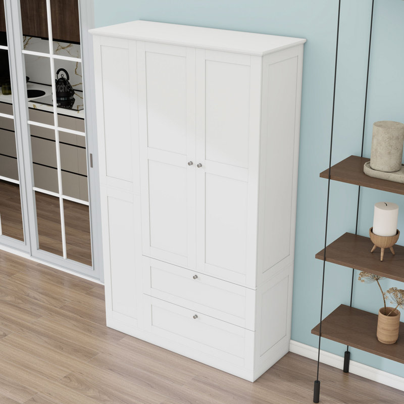 Grand garde-manger de style campagnard avec tablettes, 2 tiroirs et 3 plateaux coulissants, White