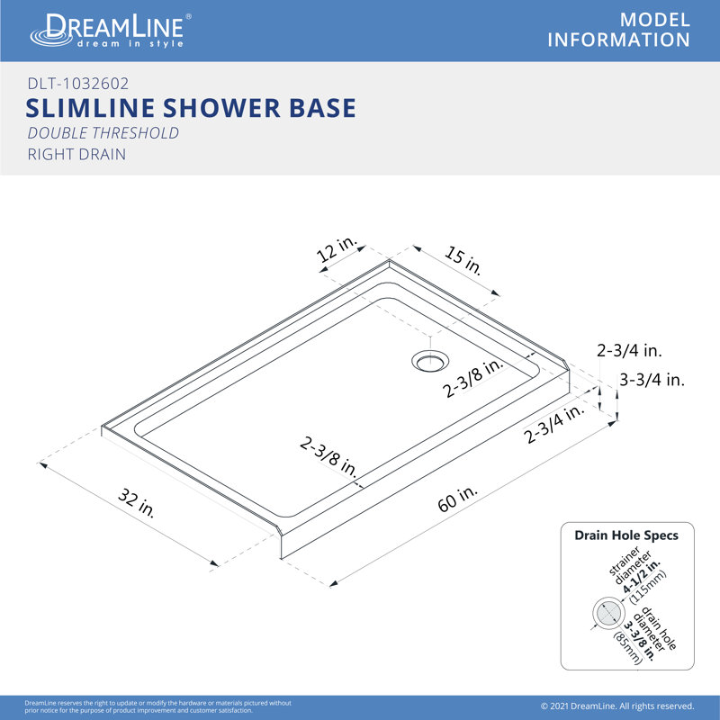 Base de douche Dreamline SlimLine 32 po x l 60 po x H 3/4 po droite, Blanc, Droite, L 32 po x L 60 po