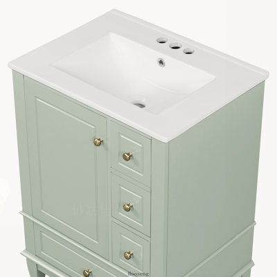 Meuble-lavabo autoportant 24 po avec comptoir d'évier, armoire en bois massif et panneau de fibres à densité moyenne avec tablettes de rangement, plateau en céramique, vert
